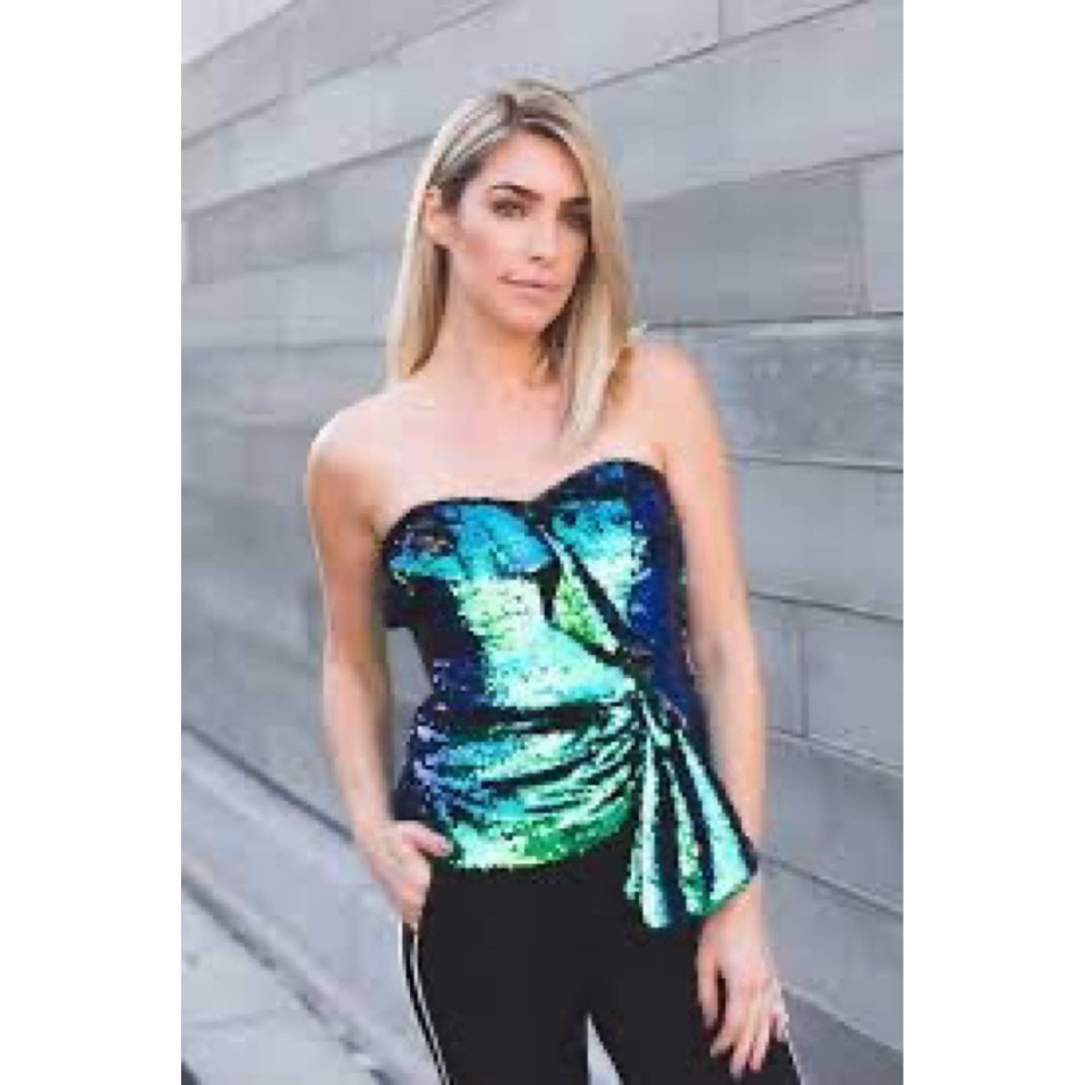 Parker Iridescent Strapless Mermaid Sequin "Hazel" Tube Top in Green & Blue Sz S